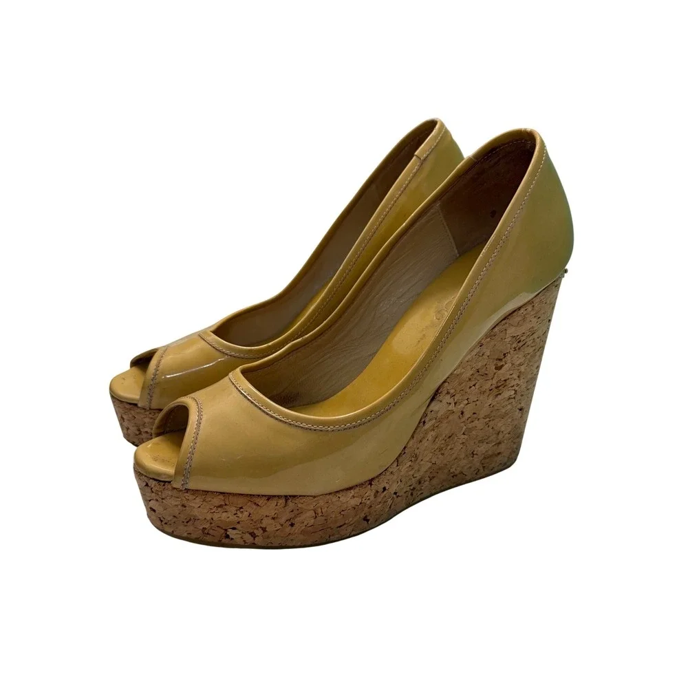Jimmy Choo Mustard Patent Leather Cork Platform Wedge Peep Toe Pumps Italy